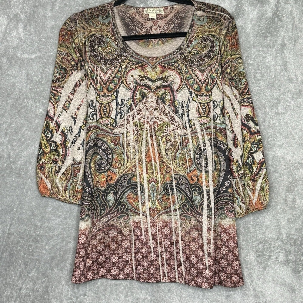Energe XL Top Shirt Brown Paisley Scoop Neck 3/4 Sleeve Knit Embellished Stretch
